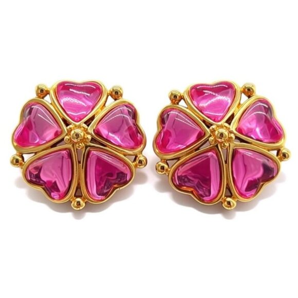 Trifari Gold-Tone Pink Heart Flower Clip-On Earrings Costume Jewelry Vintage - Picture 1 of 6